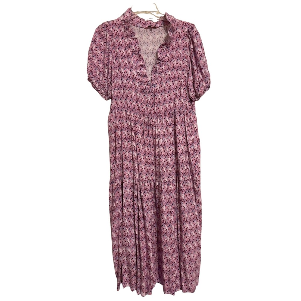 Simply Southern Dress Paisley Print Ruffle Neck Short Sleeve Pink Medium EUC